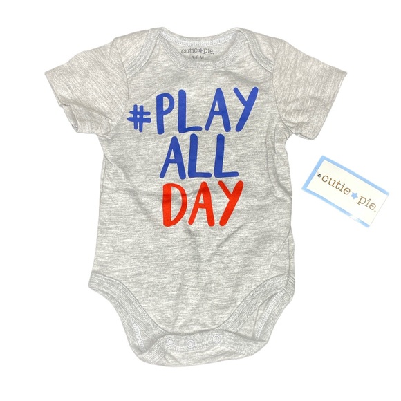 CUTIE PIE 3-6M Baby Gray Blue Red NWT Snap Bottom Unisex Onesie # Play All Day - Picture 1 of 2